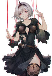  a082 alter_ego_conjurer_(granblue_fantasy) belt black_dress black_nails black_thighhighs breasts breasts_apart cleavage_cutout clothing_cutout collarbone cowboy_shot djeeta_(granblue_fantasy) dress female granblue_fantasy grey_hair groin hairband hands_up head_tilt looking_at_viewer open_mouth red_eyes short_hair simple_background small_breasts smile solo string thighhighs torn_clothes torn_dress white_background 