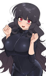  ahoge bags_under_eyes blush breasts female hair_between_eyes highres jumpsuit large_breasts long_hair messy_hair nakta original red_eyes sidelocks simple_background wavy_mouth white_background you&#039;re_under_my_skin! 