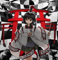  1other androgynous black_eyes black_hair checkered_background closed_mouth evanescent_existence feet_out_of_frame hakama hakama_skirt hat japanese_clothes kaigen_1025 kariginu len&#039;en long_sleeves looking_at_viewer miwa_torii ofuda ofuda_on_clothes other_focus outstretched_arm senri_tsurubami short_hair shorts skirt smile solo standing torii 