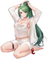  ankle_ribbon armpits arms_up azur_lane barefoot blouse breasts cleavage female full_body green_hair hands_in_hair holding holding_own_hair lace-trimmed_shirt lace_trim large_breasts leg_ribbon littorio_(azur_lane) littorio_(lounging_emerald)_(azur_lane) long_hair looking_at_viewer midriff_peek nagu navel official_alternate_costume official_art open_clothes open_shirt ponytail red_eyes red_hair red_ribbon ribbon round_table see-through see-through_shirt seiza shirt shorts sitting sleepwear solo table tank_top transparent_background tying_hair white_shirt white_shorts 