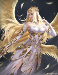  absurdres angel_wings armor armored_dress bare_shoulders black_background blonde_hair blue_eyes choker douluo_dalu dress feathers female hair_ornament highres long_hair qian_renxue_(douluo_dalu) smile solo sword upper_body weapon white_dress wings yue_luo_xing_he_q 