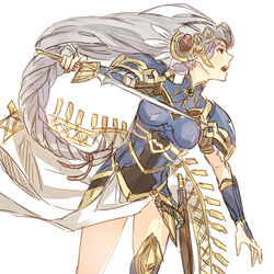  advent-lezard armor armored_dress female fighting_stance grey_hair helmet holding holding_sword holding_weapon lenneth_valkyrie long_hair low-braided_long_hair low-tied_long_hair open_mouth sword valkyrie valkyrie_profile_(series) weapon winged_helmet 