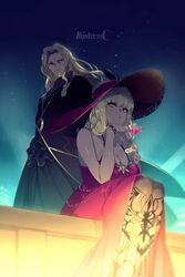  1boy bare_shoulders beard black_coat blonde_hair blue_sky breasts carmilla_(fate) carmilla_(swimsuit_rider)_(fate) carmilla_(swimsuit_rider)_(first_ascension)_(fate) cleavage coat curly_hair dress echo_(circa) facial_hair fate/apocrypha fate/grand_order fate_(series) female goatee gradient_sky hat large_breasts long_hair night night_sky parted_bangs pink_dress pink_headwear sitting sky sun_hat vlad_iii_(fate/apocrypha) yellow_eyes 