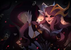  artist_name black_bodysuit black_sclera bodysuit breasts colored_sclera coven_nami elbow_gloves female gloves grin hair_ornament highres large_breasts league_of_legends long_hair monster_girl nami_(league_of_legends) red_eyes red_hair red_lips scylla smile solo teddy_teddd teeth white_gloves 