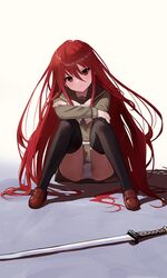  :t ahoge black_thighhighs brown_footwear commentary_request female green_skirt hair_between_eyes head_tilt highres korean_commentary long_hair looking_at_viewer mixed-language_commentary moth1 panties pantyshot pout red_eyes red_hair school_uniform serafuku shakugan_no_shana shana shoes simple_background sitting skirt solo sword thighhighs thighs underwear upskirt very_long_hair weapon white_background white_panties 