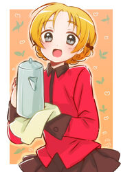  :d absurdres black_bow black_skirt blue_eyes border bow braid commentary female girls_und_panzer hairbow highres holding holding_teapot itsumip jacket long_sleeves looking_at_viewer military military_uniform miniskirt napkin one-hour_drawing_challenge open_mouth orange_background orange_hair orange_pekoe_(girls_und_panzer) outside_border parted_bangs pleated_skirt red_jacket short_hair skirt smile solo st._gloriana&#039;s_military_uniform standing tea_leaves teapot tied_hair twin_braids uniform white_border 