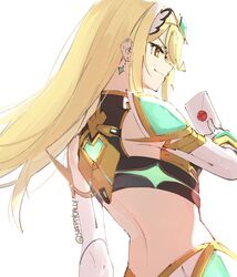  bare_shoulders blonde_hair breasts chest_jewel cleavage_cutout clothing_cutout commentary dress earrings elbow_gloves female gloves headpiece jewelry large_breasts long_hair mythra_(xenoblade) short_dress simple_background skeptycally smash_invitation smile super_smash_bros. swept_bangs symbol-only_commentary tiara very_long_hair white_dress white_gloves xenoblade_chronicles_(series) xenoblade_chronicles_2 yellow_eyes 