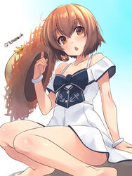  blue_background brown_eyes brown_hair dress duplicate feet_out_of_frame female gradient_background hat highres kantai_collection looking_at_viewer open_mouth pixel-perfect_duplicate short_hair sitting solo speaking_tube_headset straw_hat sun_hat sundress takase_muh white_dress yukikaze_(kancolle) yukikaze_(summer_mode)_(kancolle) 