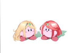  1boy blonde_hair blue_eyes blush_stickers copy_ability cosplay kirby kirby_(series) long_hair male_focus multiple_persona mythra_(xenoblade) mythra_(xenoblade)_(cosplay) open_mouth pout pyra_(xenoblade) pyra_(xenoblade)_(cosplay) red_hair seigetsu_kotaku shadow short_hair simple_background smile solo standing super_smash_bros. swept_bangs tiara white_background xenoblade_chronicles_(series) xenoblade_chronicles_2 