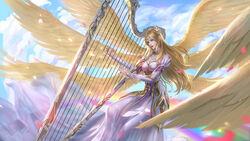  absurdres angel_wings bare_shoulders blonde_hair blue_eyes commission douluo_dalu dress female hair_ornament harp highres instrument long_hair multiple_wings music playing_instrument qian_renxue_(douluo_dalu) rainbow second-party_source sitting sky smile solo white_dress wings xiaoxuan_chuang_wxc 