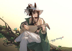  :d alternate_eye_color animal_ears arknights bare_shoulders black_choker black_hair choker coat commentary crop_top crossed_legs ears_through_headwear fedora female foot_out_of_frame green_coat grey_eyes hair_between_eyes happy_birthday hat highres holding holding_instrument horse_ears hug_(yourhug) infection_monitor_(arknights) instrument long_sleeves lute_(instrument) meteor_(arknights) meteor_(bard&#039;s_holiday)_(arknights) music off_shoulder official_alternate_costume open_clothes open_coat pants playing_instrument shoes smile solo white_hat white_pants 