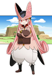  bag baggy_pants cell_(dragon_ball) cell_(dragon_ball)_(cosplay) cosplay crossed_arms dragon_ball dragon_ball_z fate/grand_order fate_(series) female habetrot_(fate) hirai_yukio hood hoodie long_hair pants perfect_cell pink_eyes pink_hair pointy_ears satchel smile 