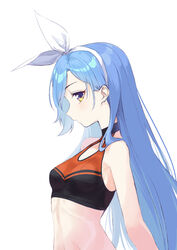  arms_at_sides bae_minah_(chaesu) bare_shoulders blue_eyes blue_hair borrowed_character bow breasts breasts_apart choker closed_mouth clothing_cutout coffeekite crop_top expressionless female from_side hairbow halterneck highres linea_alba long_hair looking_at_viewer midriff multicolored_eyes orange_eyes original profile sideways_glance small_breasts solo sports_bra swept_bangs two-tone_sports_bra upper_body very_long_hair 