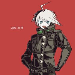  1boy :d ahoge armor black_gloves black_sweater buttons commentary_request danganronpa_(series) danganronpa_v3:_killing_harmony dated gloves grey_eyes grey_hair hands_on_own_hips k1-b0 kiri_(2htkz) looking_at_viewer male_focus power_armor red_background short_hair simple_background smile solo sweater teeth upper_body upper_teeth_only 