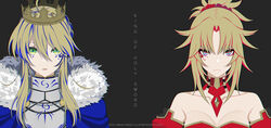  2girls absurdres artoria_pendragon_(fate) artoria_pendragon_(lancer)_(fate) bad_id bad_pixiv_id blonde_hair braid braided_bun cape crown derivative_work eyelashes fate/grand_order fate_(series) fur-trimmed_cape fur_trim green_eyes hair_bun highres mordred_(fate) mordred_(fate/apocrypha) multicolored_eyes multiple_girls ponytail red_scrunchie scrunchie sidelocks simple_background yuuta_(yuuta0312) 