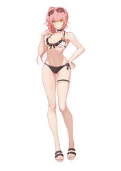  absurdres bikini black_bikini breasts chinese_commentary commentary_request eyewear_on_head feet female full_body girls&#039;_frontline green_eyes hand_on_own_hip highres long_hair looking_at_viewer luozhou_pile medium_breasts nail_polish navel official_alternate_costume partial_commentary pink_hair pink_nails r93_(girls&#039;_frontline) r93_(holiday_lucky_star)_(girls&#039;_frontline) sandals side_ponytail simple_background solo standing sunglasses swimsuit thigh_strap toenail_polish toenails toes white_background 