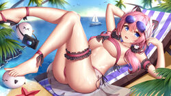  :d animal_ears arms_up ass bare_shoulders barefoot bikini blue_eyes breasts bridal_garter chair eyewear_on_head fake_animal_ears feet female highres indie_virtual_youtuber large_breasts legs_up long_hair looking_at_viewer lounge_chair oerba_yun_fang open_mouth outdoors pink_bikini pink_hair sakurada_hane side-tie_bikini_bottom smile solo stomach strapless strapless_bikini sunglasses swimsuit thighs underboob virtual_youtuber wet wsman 