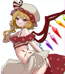  absurdres alternate_costume blonde_hair closed_mouth commentary crystal female flandre_scarlet hat highres internet_survivor looking_at_viewer medium_hair mikan_(manmarumikan) mob_cap navel oerba_yun_fang one_side_up polka_dot red_eyes simple_background solo touhou white_background white_hat wings 