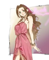  aerith_gainsborough aerith_gainsborough_(pink_dress) arms_behind_back belt bracelet breasts character_name dress earrings female final_fantasy final_fantasy_vii final_fantasy_vii_remake green_eyes hair_ribbon highres jewelry long_hair medium_breasts necklace official_alternate_costume open_mouth parted_bangs pink_dress ponytail ribbon sidelocks smile solo talesofmea upper_body wavy_hair 