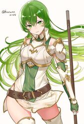  armor belt boots breastplate brown_belt erinys_(fire_emblem) female fingerless_gloves fire_emblem fire_emblem:_genealogy_of_the_holy_war fire_emblem_heroes floating_hair gloves green_eyes green_gloves green_hair hair_between_eyes haru_(nakajou-28) head_tilt highres holding holding_polearm holding_weapon long_hair looking_at_viewer polearm simple_background solo spear thigh_boots thighhighs twitter_username weapon white_background 