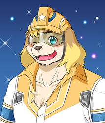  anthro armor canid canine canis clothing domestic_dog eyewear floppy_ears fur goggles headgear helmet hi_res hisaki_(live_a_hero) jumpsuit kotorran lifewonders live_a_hero male mammal multicolored_body multicolored_fur one_eye_closed sky smile solo star starry_sky superhero wink 