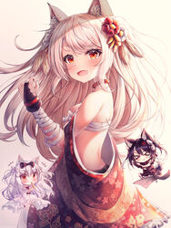  3girls absurdres alternate_costume animal_ear_fluff animal_ears azur_lane bandages bare_shoulders black_bow black_dress black_footwear black_gloves black_hair blush bow breasts cat_ears chibi cleavage clip_studio_paint_(medium) closed_eyes collar dress eating floral_print flower frills gloves gradient_background hair_flower hair_ornament hairbow headgear highres ichizon korean_commentary long_hair looking_at_viewer medium_breasts multiple_girls oerba_yun_fang off_shoulder open_mouth photoshop_(medium) red_collar red_eyes ribbon sarashi shigure_(azur_lane) shigure_(the_ballroom&#039;s_lucky_star)_(azur_lane) shoes smile tail twintails white_bow white_dress white_footwear white_hair white_ribbon wolf_ears wolf_tail yukikaze_(azur_lane) yukikaze_(sovereign_of_the_swing)_(azur_lane) yuudachi_(azur_lane) yuudachi_(shogun_of_snowballs)_(azur_lane) 