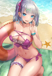  :d bare_shoulders beach beach_mat bikini black_choker blue_eyes blush bracelet breasts bridal_garter choker cleavage collarbone day female grey_hair groin hair_ornament hair_ribbon hand_up innertube jewelry large_breasts long_hair looking_at_viewer mizuya_nao navel one_side_up open_mouth original outdoors purple_bikini ribbon side-tie_bikini_bottom sitting smile solo starfish stomach swim_ring swimsuit thighs water x_hair_ornament 