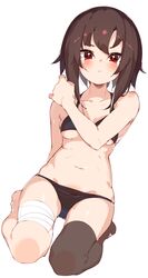  :&lt; absurdres arm_support bandaged_leg bandages bare_shoulders bikini black_bikini blush breasts bright_pupils brown_hair brown_thighhighs closed_mouth collarbone female groin hair_between_eyes halterneck hand_up highres kono_subarashii_sekai_ni_shukufuku_wo! light_frown looking_at_viewer lowleg lowleg_bikini megumin navel rasusurasu red_eyes shiny_skin short_hair_with_long_locks shoulder_blush simple_background single_thighhigh sitting skindentation small_breasts solo stomach swimsuit thighhighs tsurime underboob v-shaped_eyebrows wariza white_background 