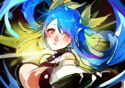  bare_shoulders blue_hair breasts choker cleavage dizzy_(guilty_gear) female floating_hair guilty_gear guilty_gear_x guilty_gear_xx hair_ribbon large_breasts long_hair looking_at_viewer red_eyes ribbon solo sumi_(penon62) twintails upper_body yellow_ribbon 