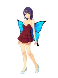  bare_shoulders breasts butterfly_wings cleavage commentary contrapposto dress english_commentary female full_body high_heels highres insect_wings mixed-language_commentary orange_eyes original purple_hair red_dress shin_(shincrz) short_dress sleeveless sleeveless_dress small_breasts solo wings 