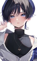  1boy alternate_costume black_hair black_shirt blue_eyes blue_headwear genshin_impact hair_between_eyes hat highres jewelry ma_d_k_89 male_focus necklace open_clothes open_shirt scaramouche_(genshin_impact) shirt short_hair upper_body wanderer_(genshin_impact) white_shirt 