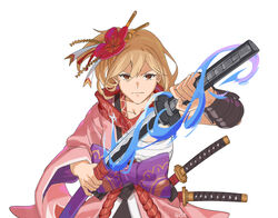  blonde_hair breasts brown_eyes chest_sarashi commission djeeta_(granblue_fantasy) english_commentary female fikkyun flower glaring granblue_fantasy hadanugi_dousa hair_flower hair_ornament hairpin holding holding_sheath holding_sword holding_weapon japanese_clothes kagurabachi kagurabachi_pose_(meme) katana kengo_(granblue_fantasy) kimono looking_at_viewer meme one_side_up pink_kimono sarashi scarf sheath short_hair signature simple_background small_breasts solo sword unsheathing vambraces weapon white_background 