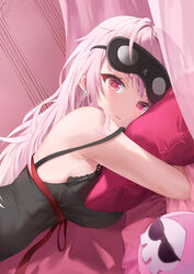  absurdres bed_sheet black_mask black_nightgown blush breasts death-sensei_(mori_calliope) earrings female finale highres hololive hololive_english hugging_object jewelry large_breasts long_hair looking_at_viewer lying messy_hair mori_calliope mori_calliope_(sleepwear) nightgown on_stomach open_mouth pillow pillow_hug pink_hair red_eyes red_ribbon ribbon single_earring skull_earrings sleep_mask solo virtual_youtuber 