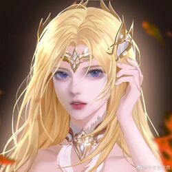  bare_shoulders blonde_hair blue_eyes blurry_eyes dark_background douluo_dalu expressionless female hair_ornament hand_in_own_hair long_hair looking_at_viewer qian_renxue_(douluo_dalu) qian_renxue_zhuye solo upper_body 