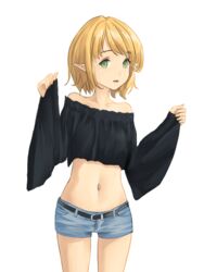  belt black_belt blonde_hair blue_shorts breasts commentary_request cowboy_shot crop_top female green_eyes highres medium_hair midriff navel off-shoulder_shirt off_shoulder original pointy_ears shin_(shincrz) shirt short_shorts shorts sleeves_past_wrists small_breasts solo wide_sleeves 