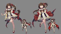  absurdres ahoge bilibili blush brown_hair chinese_clothes chinese_new_year closed_eyes commentary_request dress female flower_knot frostcyco grey_background hair_ornament highres long_hair multiple_views nijisanji official_art open_mouth own_hands_together qixiong_ruqun red_eyes red_footwear shoes side_ponytail simple_background smile virtual_youtuber virtuareal white_legwear yousa 