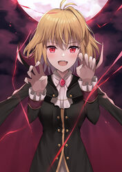  :d absurdres alternate_costume antenna_hair arcueid_brunestud ascot black_cape black_jacket blonde_hair blush cape cosplay dracula dracula_(cosplay) female hair_between_eyes halloween halloween_costume highres jacket long_sleeves looking_at_viewer medium_hair moon oerba_yun_fang purple_sky red_eyes single_hair_intake skin_fang sky smile solo tsukihime tsukihime_(remake) vampire white_ascot yuyuenimo 