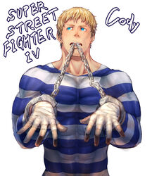  1boy bandages bara blonde_hair blue_eyes chains character_name cody_travers copyright_name covered_abs covered_collarbone cuffs english_text facial_hair fingerless_gloves gloves handcuffs looking_to_the_side male_focus mature_male muscular muscular_male open_hands p!k@ru pectorals prison_clothes shirt short_hair simple_background solo street_fighter street_fighter_iv_(series) stubble taut_clothes taut_shirt upper_body white_background 