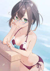  asymmetrical_hair bikini blue-framed_eyewear blush breasts brown_hair cleavage crossed_bangs day female glasses green_eyes hair_between_eyes halterneck highres kantai_collection looking_at_viewer medium_breasts multicolored_hair okinami_(kancolle) outdoors parted_lips purple_bikini sakieko short_hair side-tie_bikini_bottom solo standing string_bikini swimsuit 