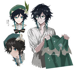  1boy bad_id bad_twitter_id bishounen black_hair blue_hair bow braid cape closed_mouth flower genshin_impact gradient_hair green_cape green_eyes green_headwear hat hat_flower male_focus multicolored_hair multiple_views shirt simple_background smile translation_request twin_braids twitter_username ueauwa venti_(genshin_impact) wet wet_clothes wet_hair white_background white_flower white_shirt 