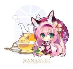  animal_ear_fluff animal_ears azur_lane character_name chibi female fox_ears fox_girl fox_tail green_eyes hair_ornament hairband hairpin hanazuki_(azur_lane) holding holding_umbrella japanese_clothes kimono long_hair manjuu_(azur_lane) pink_hair pink_hairband print_umbrella shirokitsune spoon tail tea teapot umbrella white_kimono wide_sleeves 