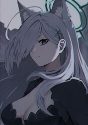  animal_ear_fluff animal_ears black_choker black_dress blue_archive blue_eyes breasts choker cleavage closed_mouth cross_hair_ornament dark_halo dress extra_ears female grey_hair hair_ornament hair_over_one_eye halo highres large_breasts long_hair saco_(cgmore) shiroko_(blue_archive) shiroko_terror_(blue_archive) solo upper_body wolf_ears 