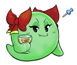  4chan accessory black_eyebrows blush bodily_fluids boo_(mario) bow_(feature) bow_ribbon closed_smile cute_fangs eyebrows eyelashes featureless_hands female ghost ghost_tail glistening glistening_eyes green_body hair_accessory hair_ribbon hairbow holding_glass holding_object holding_wine_glass lady_bow low_res mario-grant mario_bros mouth_closed narrowed_eyes nintendo not_furry paper_mario rear_view red_bow ribbons smile smirk solo spirit sweat sweatdrop teeth teeth_showing 