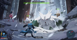  abomasnow beanie black_hair boots boss_fight coat commentary dawn_(pokemon) english_commentary female hat health_bar highres level_difference long_hair long_sleeves mars_symbol minimap outdoors over-kneehighs poke_ball_symbol pokemon pokemon_(creature) pokemon_dppt pokemon_platinum riolu scarf shen_yh snover snow snowing standing thighhighs tree winter_clothes 