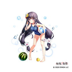  ball bare_arms bare_legs bare_shoulders barefoot beachball black_hair blue_one-piece_swimsuit breasts carrying carrying_under_arm closed_mouth commentary_request copyright_name copyright_notice covered_navel female flower food fruit full_body hair_flower hair_ornament leaning_forward long_hair looking_at_viewer mahoroba_youjo_kitan marmoset_(marmoset0) medium_breasts official_art one-piece_swimsuit purple_eyes red_flower rubber_duck smile solo standing swimsuit very_long_hair watermark watermelon white_background white_flower yellow_flower zashiki-warashi_(mahoroba_youjo_kitan) 