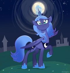  alicorn blue_body blue_eyes blue_fur blue_theme equid equine feo_ul friendship_is_magic full_moon fur grass hasbro hi_res horn horseshoe looking_up mammal moon my_little_pony pfeffaroo plant princess_luna_(mlp) solo sparkles wings 