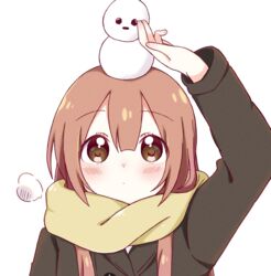  absurdres arm_up black_coat blush breath brown_eyes brown_hair closed_mouth coat commentary_request female hair_between_eyes highres long_hair long_sleeves looking_up mesushio on_head oomuro-ke oomuro_hanako scarf simple_background snowman solo upper_body white_background yellow_scarf yuru_yuri 