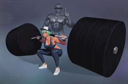  1boy abs absurdres bar_censor barbell baseball_cap breasts censored cleavage commentary dark-skinned_female dark_skin dgk exercising female gloves green_hair grin hat highres identity_censor large_breasts last_origin looking_at_viewer meme mighty_r muscular muscular_male navel red_eyes ronnie_coleman shoes short_hair skin_tight smile sneakers spandex sports_bra squatting strong sweat tan toned weightlifting weights 