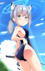  adjusting_clothes adjusting_swimsuit animal_ear_fluff animal_ears ass black_one-piece_swimsuit blue_archive blue_eyes blue_sky breasts cloud competition_swimsuit cowboy_shot cross_hair_ornament day extra_ears female fishing_rod from_behind grey_hair hair_ornament halo highres inakami looking_at_viewer looking_back low_ponytail medium_breasts medium_hair mismatched_pupils multicolored_clothes multicolored_swimsuit official_alternate_costume one-piece_swimsuit outdoors shiroko_(blue_archive) shiroko_(swimsuit)_(blue_archive) sky solo swimsuit wolf_ears 