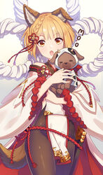  animal animal_costume animal_ear_fluff animal_ears bare_shoulders blonde_hair blush braid brown_eyes brown_pantyhose canine chinese_zodiac commentary_request cow_costume dog_ears dog_girl dog_tail erune female gradient_background granblue_fantasy grey_background holding holding_animal jiman long_sleeves looking_at_viewer off_shoulder open_mouth pantyhose short_hair simple_background solo tail v-shaped_eyebrows vajra_(granblue_fantasy) white_background wide_sleeves year_of_the_ox 